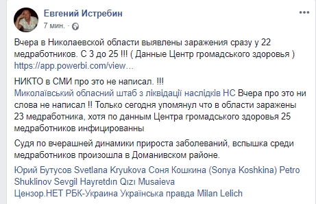 В Николвавеской области Covid-19 выявили у 23 медработников. Скиншот: Facebook/ Евгений Истребин