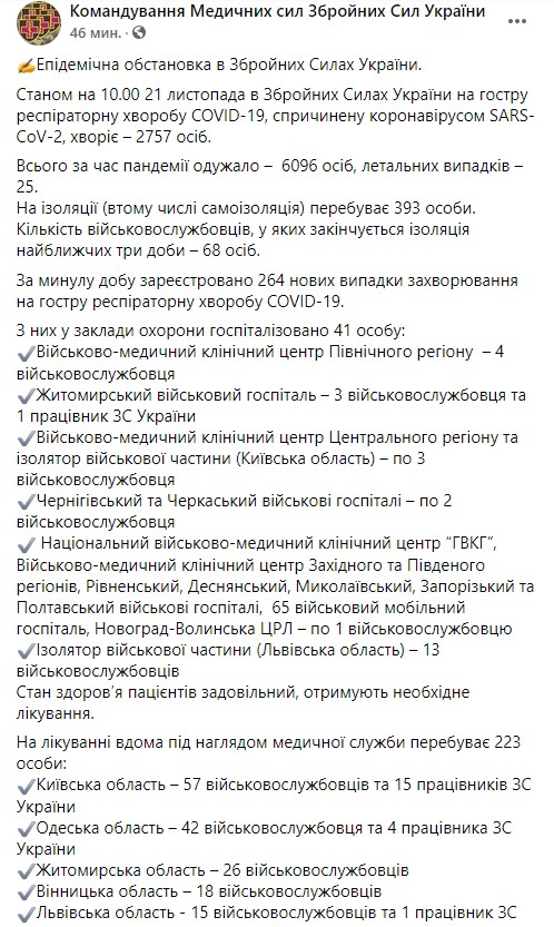 Пост Командования Медсил в Facebook