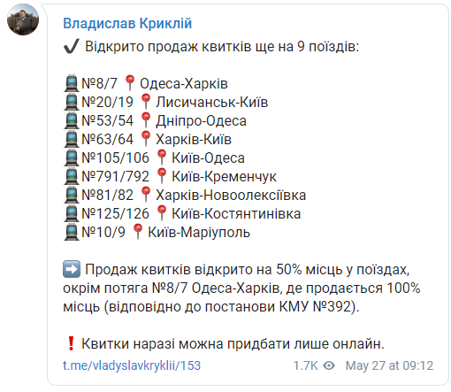 Укрзализныця продаст половину билетов в коронавирусные регионы. Скриншот: Криклий в Телеграм