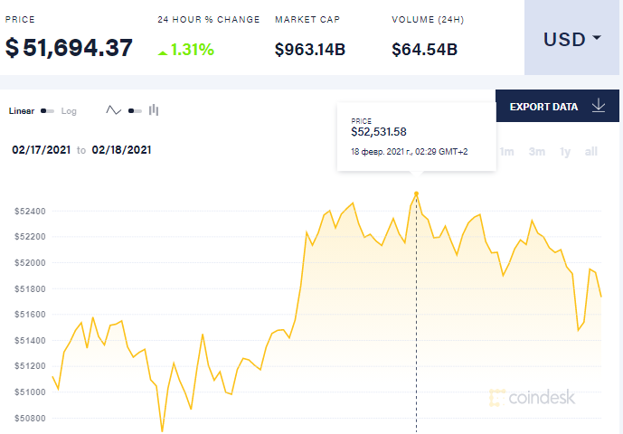 Цена биткоина 18 февраля. Скриншот: coindesk.com