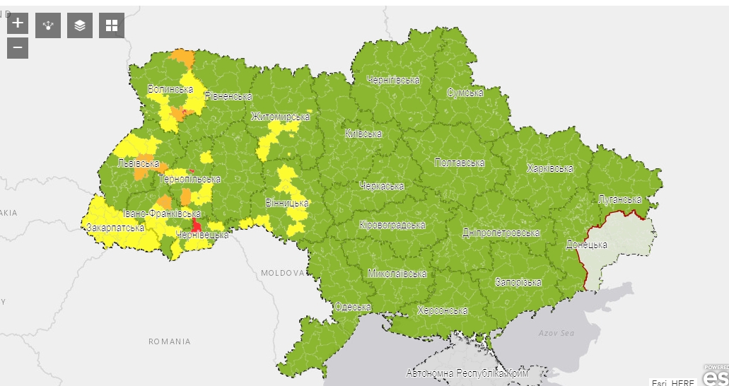 Карта карантинных зон Украины по состоянию на 15:40 7 августа. Скриншот: Минздрав