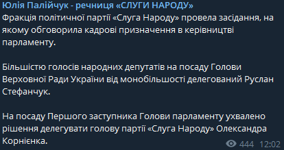 в "Слуге народа" выдвинули на должность спикера Руслана Стефанчука, а на пост первого вице-спикера главу партии Александра Корниенко