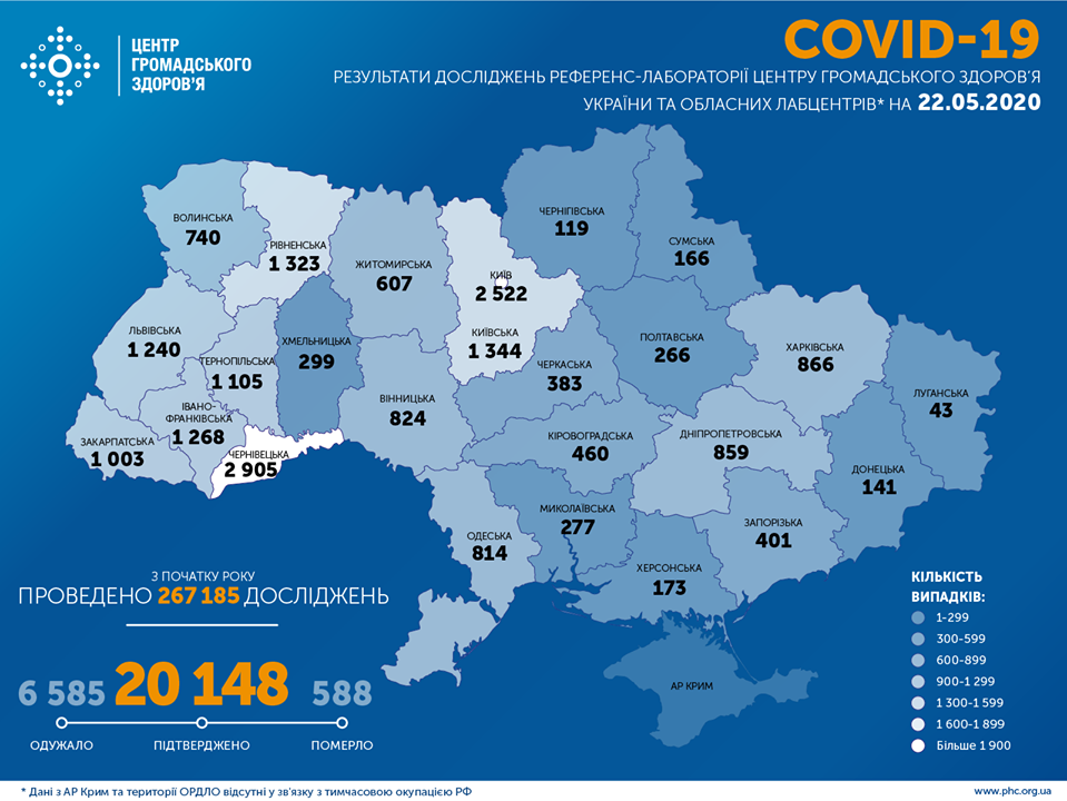 Опубликована карта распространения коронавируса в Украине по областям на 22 мая