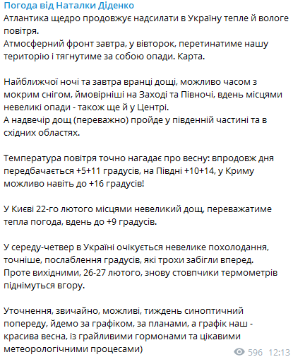 прогноз погоды от Натальи Диденко. Скриншот из телеграм-канала синоптика