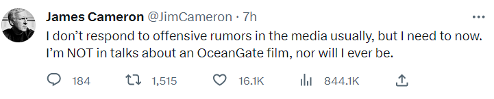 Джеймс Кэмерон опроверг слухи о съемках фильма про крушение батискафа "Титан"
