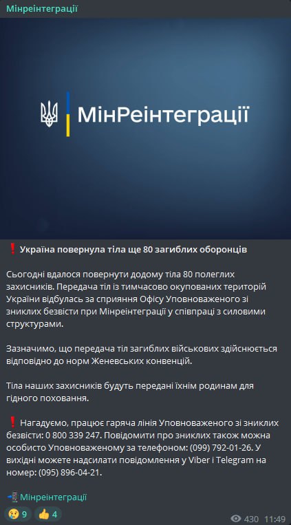 в Україну вдалося повернути тіла ще 80 загиблих захисників України