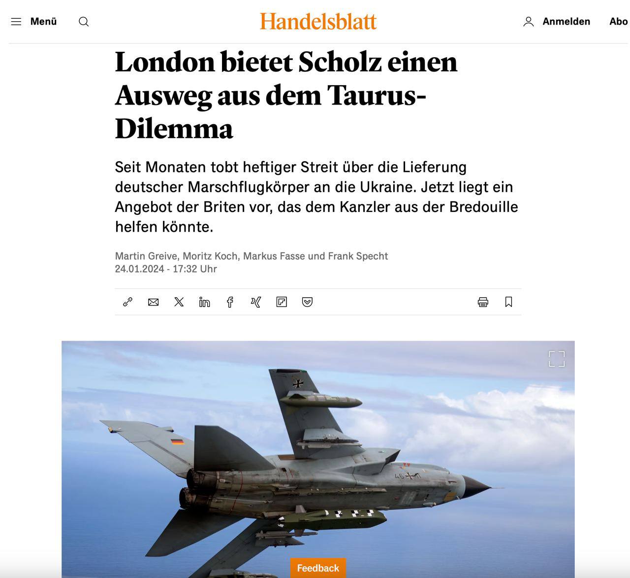 Снимок заголовка в Handelsblatt